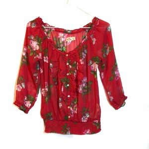 Hollister ruffle front blouse red floral semi-sheer Sz XS